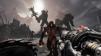 A screenshot from the game "Doom: The Dark Ages", showing a titan and an Atlan mech fighting in th background.