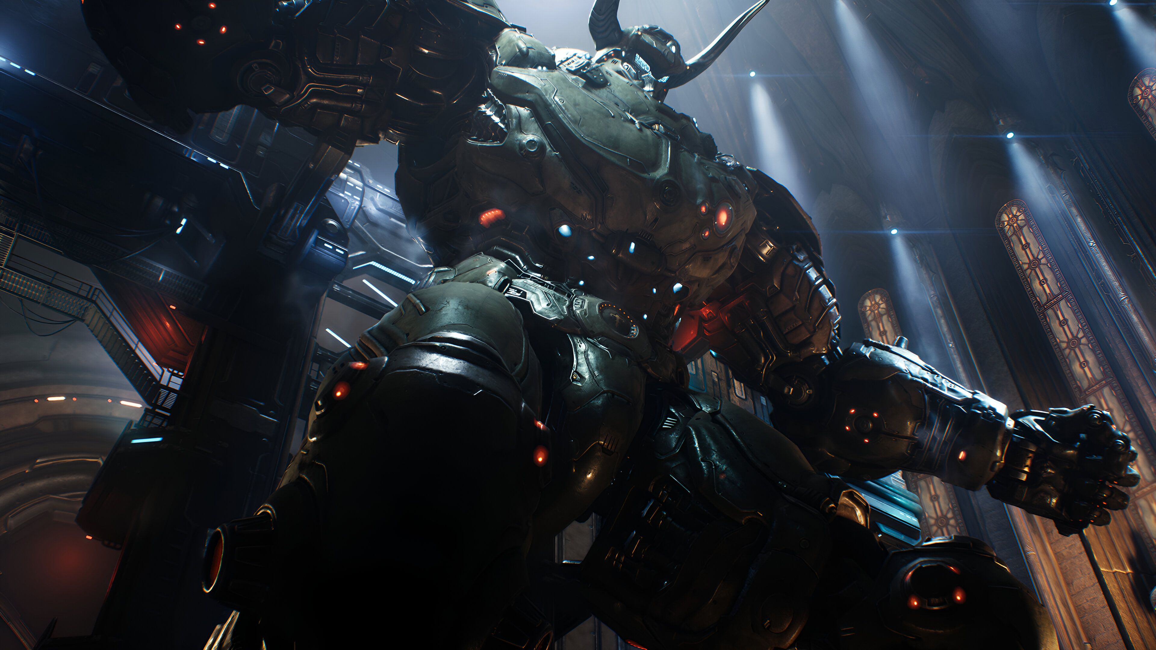 A screenshot from Doom: The Dark Ages, showing a huge Atlan mech.