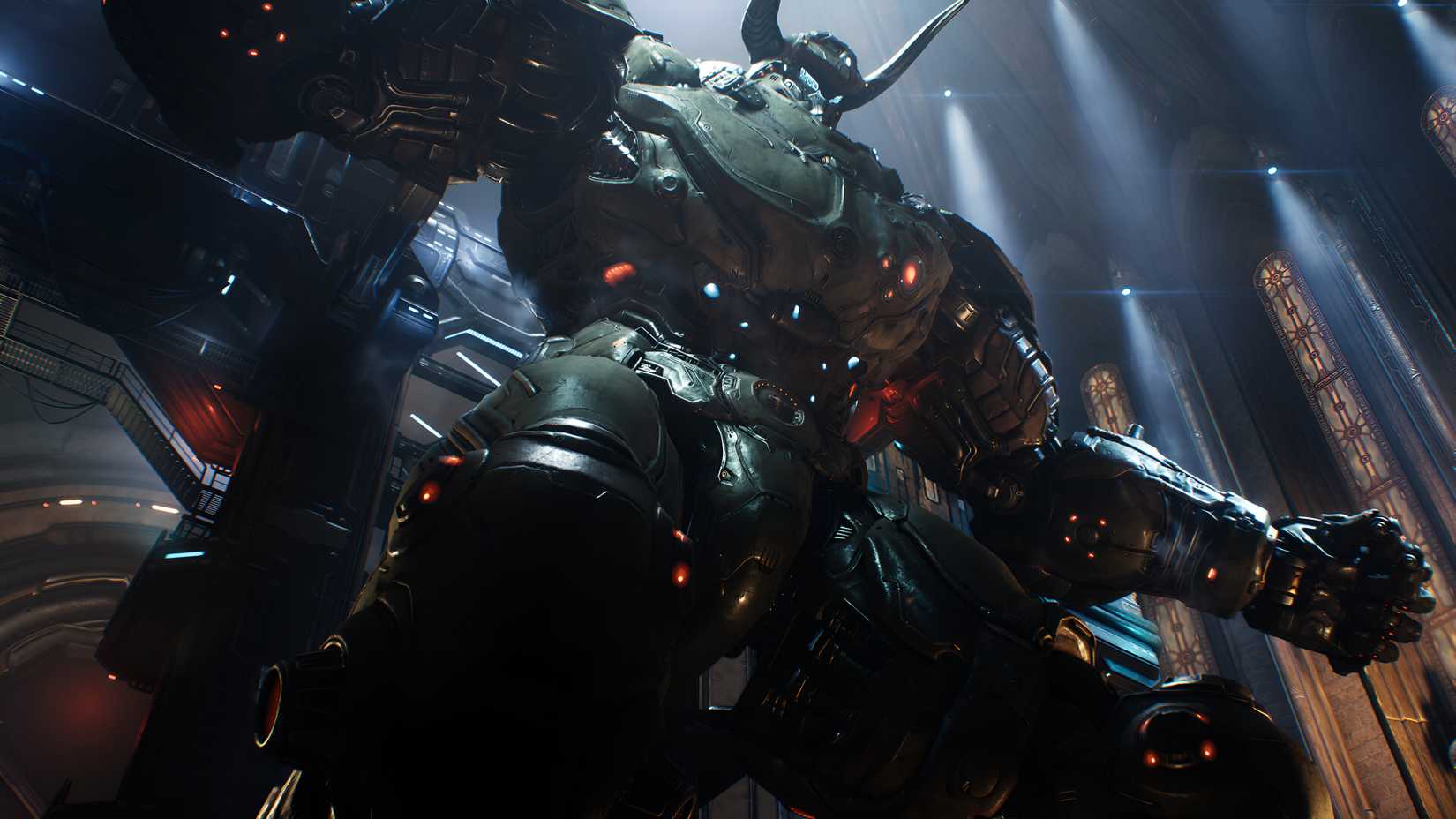 A screenshot from Doom: The Dark Ages, showing a huge Atlan mech.