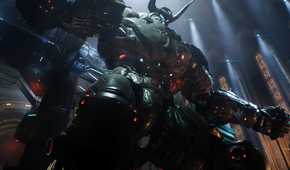 A screenshot from Doom: The Dark Ages, showing a huge Atlan mech.