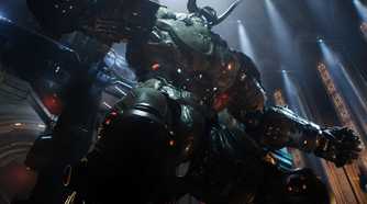 A screenshot from Doom: The Dark Ages, showing a huge Atlan mech.
