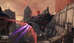 A screenshot from Doom: The Dark Ages, showing the Doom Slayer flying on a dragon mount towards an airborne demon ship.