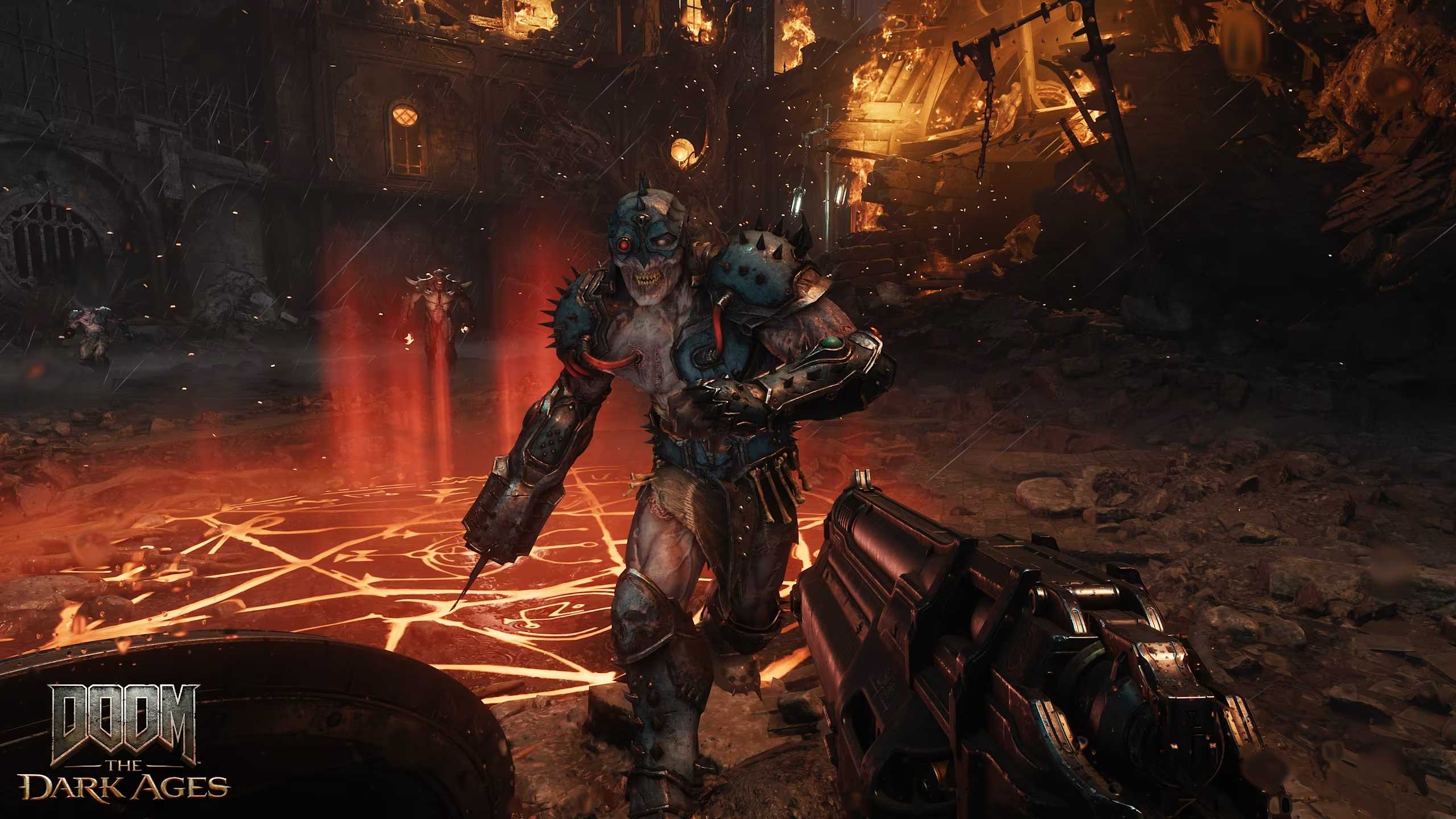 A screenshot from the game "Doom: The Dark Ages", showing an enemy running at the player.