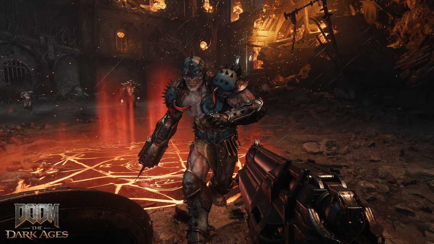 A screenshot from the game "Doom: The Dark Ages", showing an enemy running at the player.