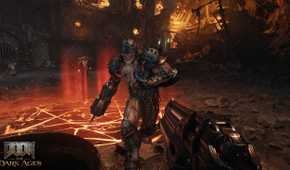 A screenshot from the game "Doom: The Dark Ages", showing an enemy running at the player.