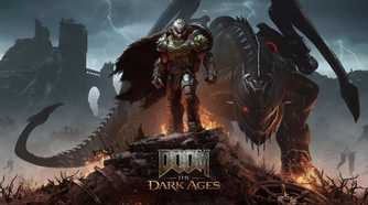 A screenshot from Doom: The Dark Ages, showing the Doom Slayer standing atop rubble while a huge dragon mount stands behind him.