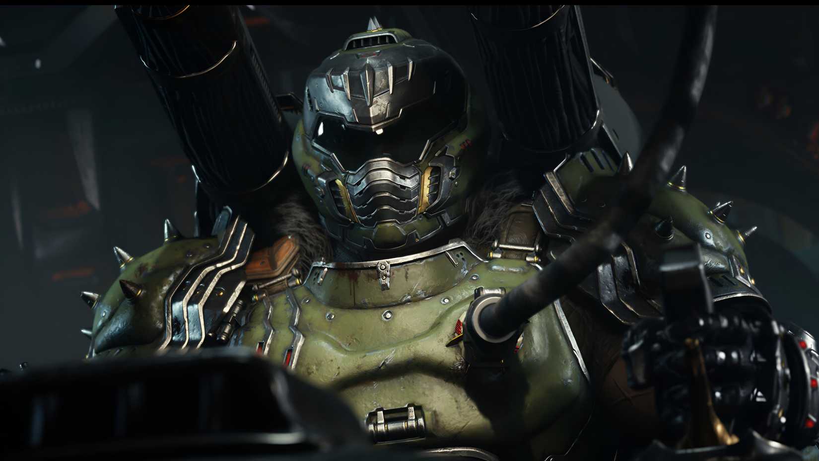A screenshot from Doom: The Dark Ages, showing the Doom Slayer plugged into the Atlan Mech.