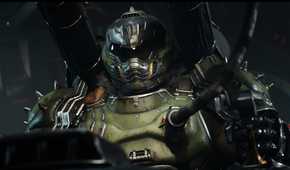 A screenshot from Doom: The Dark Ages, showing the Doom Slayer plugged into the Atlan Mech.