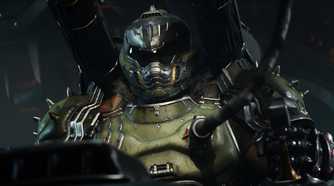 A screenshot from Doom: The Dark Ages, showing the Doom Slayer plugged into the Atlan Mech.