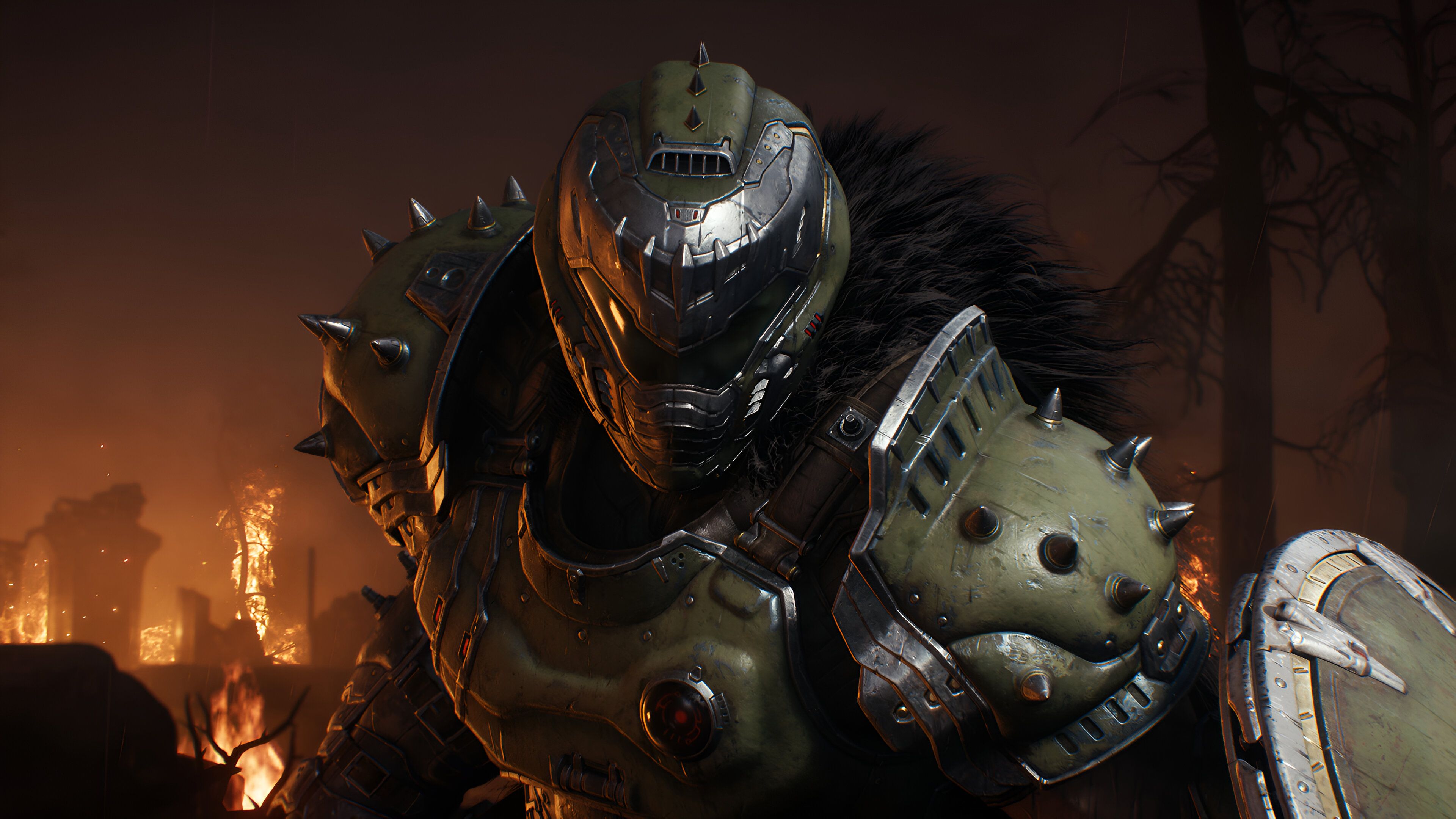 A screenshot from Doom: The Dark Ages, showing the Doom Slayer wield a fur coat and a shield.