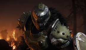 A screenshot from Doom: The Dark Ages, showing the Doom Slayer wield a fur coat and a shield.