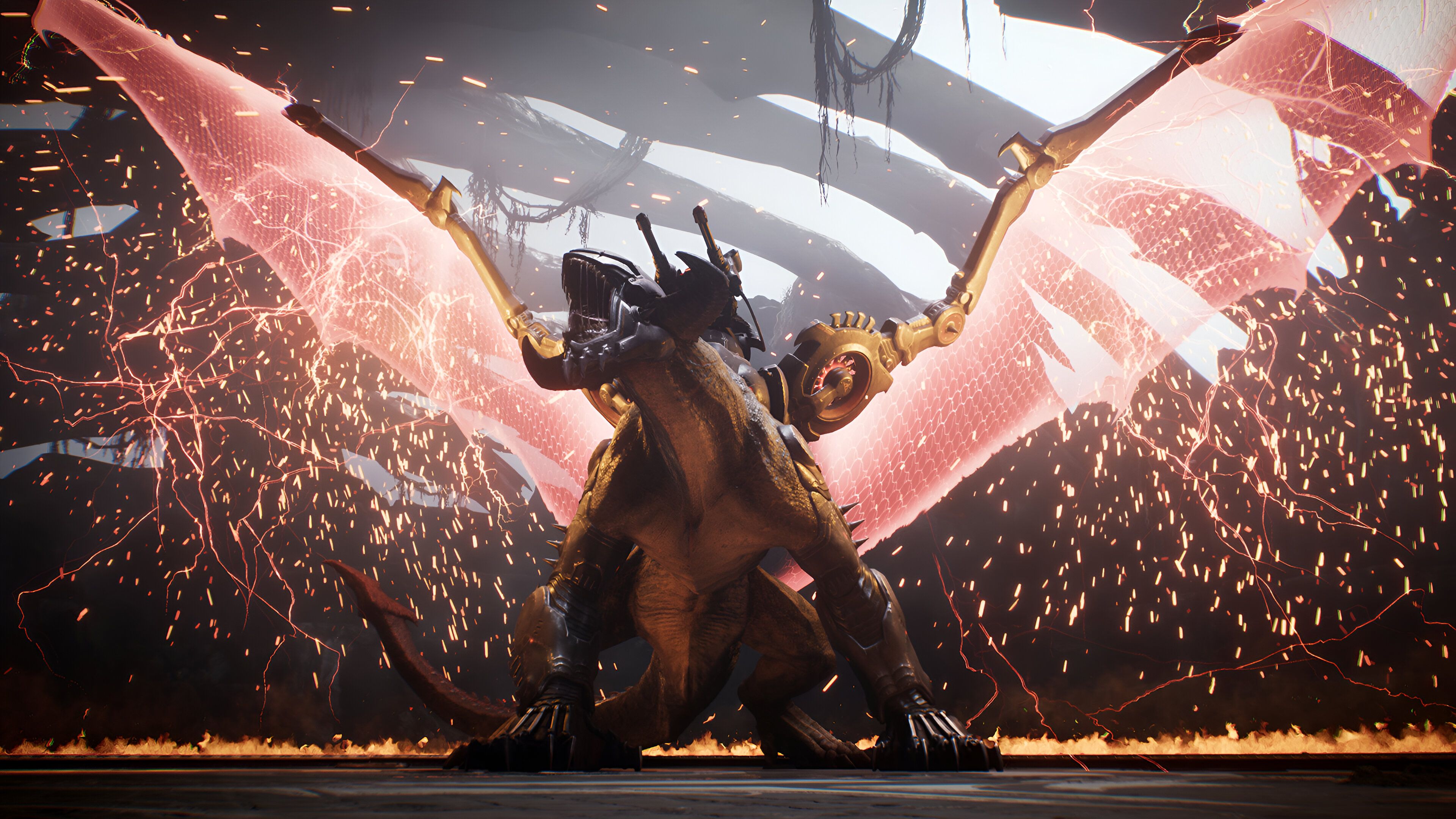 A screenshot from Doom: The Dark Ages, showing a roaring dragon mount.