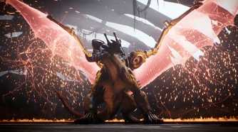 A screenshot from Doom: The Dark Ages, showing a roaring dragon mount.