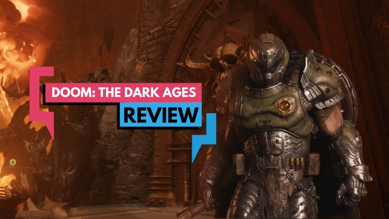 An image of the Doom Slayer standing in front of a hellish gate with a huge skull on it.