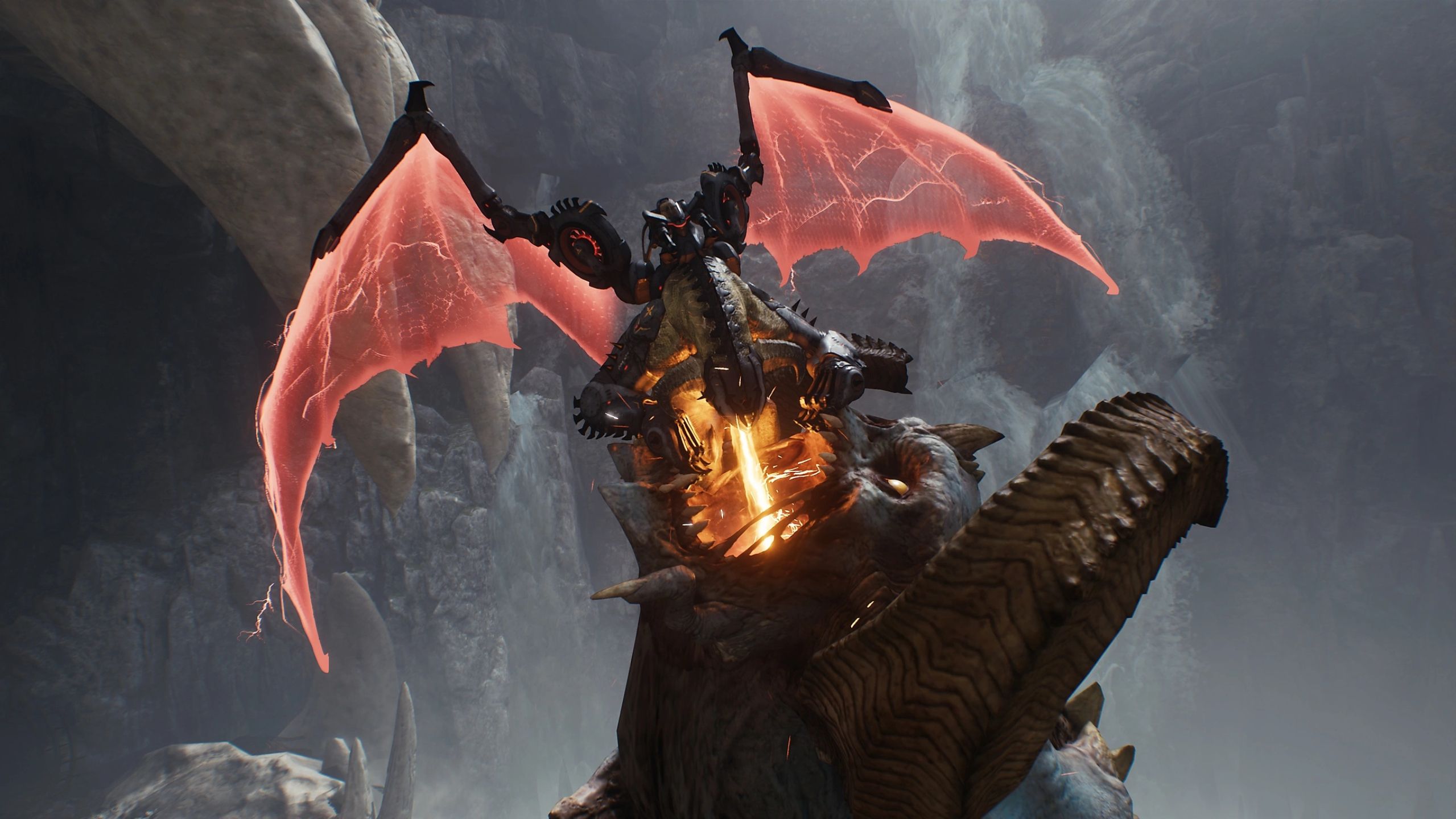 A screenshot from Doom: The Dark Ages, showing a dragon mount breathing fire into a monster.