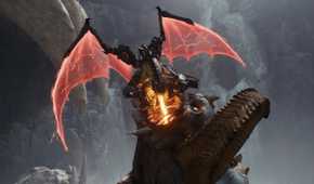 A screenshot from Doom: The Dark Ages, showing a dragon mount breathing fire into a monster.