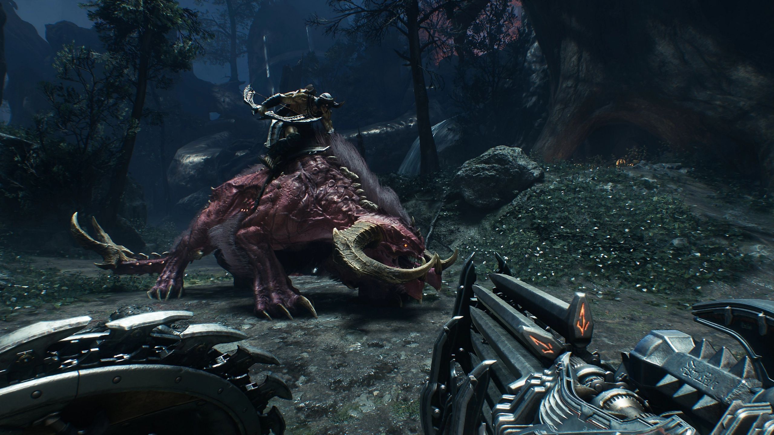 A screenshot from Doom: The Dark Ages. showing a demon riding a demon mount