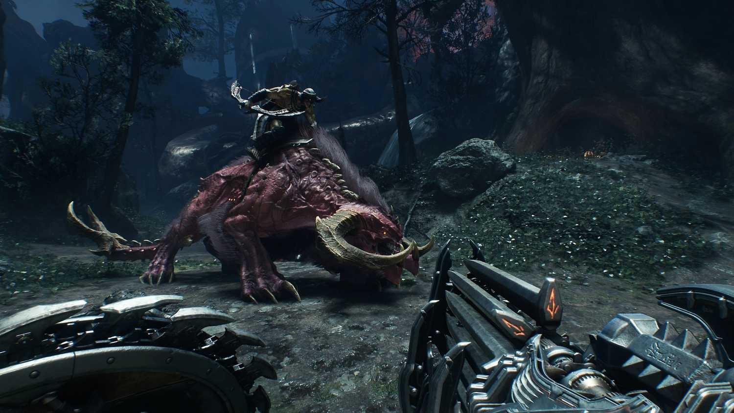 A screenshot from Doom: The Dark Ages. showing a demon riding a demon mount