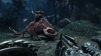 A screenshot from Doom: The Dark Ages. showing a demon riding a demon mount