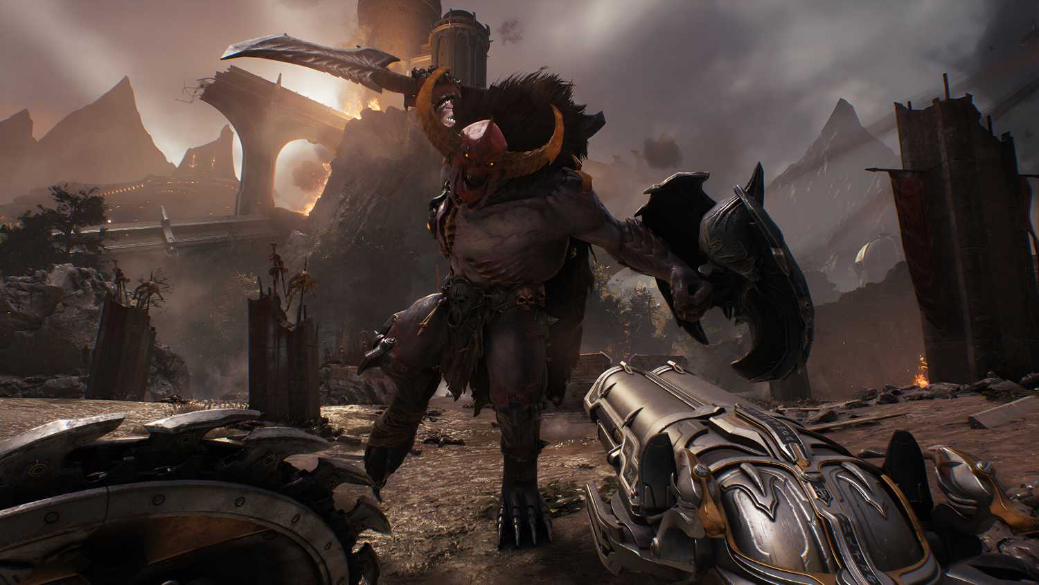 A screenshot from Doom: The Dark Ages, showing the Agadon Hunter attacking the player.