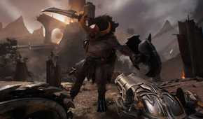 A screenshot from Doom: The Dark Ages, showing the Agadon Hunter attacking the player.