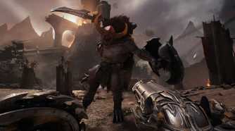 A screenshot from Doom: The Dark Ages, showing the Agadon Hunter attacking the player.