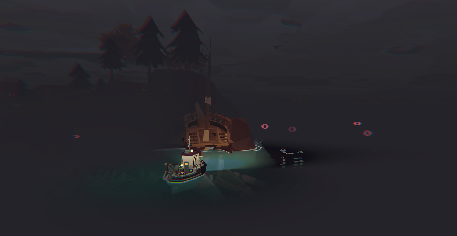 Boat in the middle of darkness out on the water.