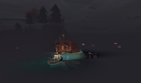 Boat in the middle of darkness out on the water.