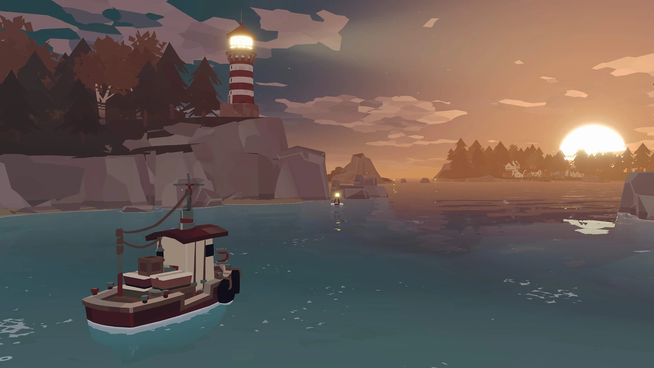 Boat sailing at sunset next to a lighthouse.