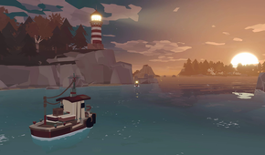 Boat sailing at sunset next to a lighthouse.