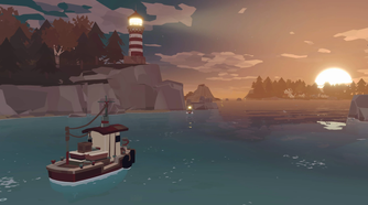 Boat sailing at sunset next to a lighthouse.