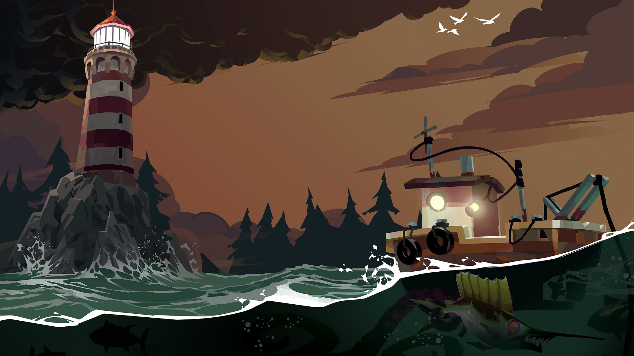 Small boat in green waves next to a lighthouse.