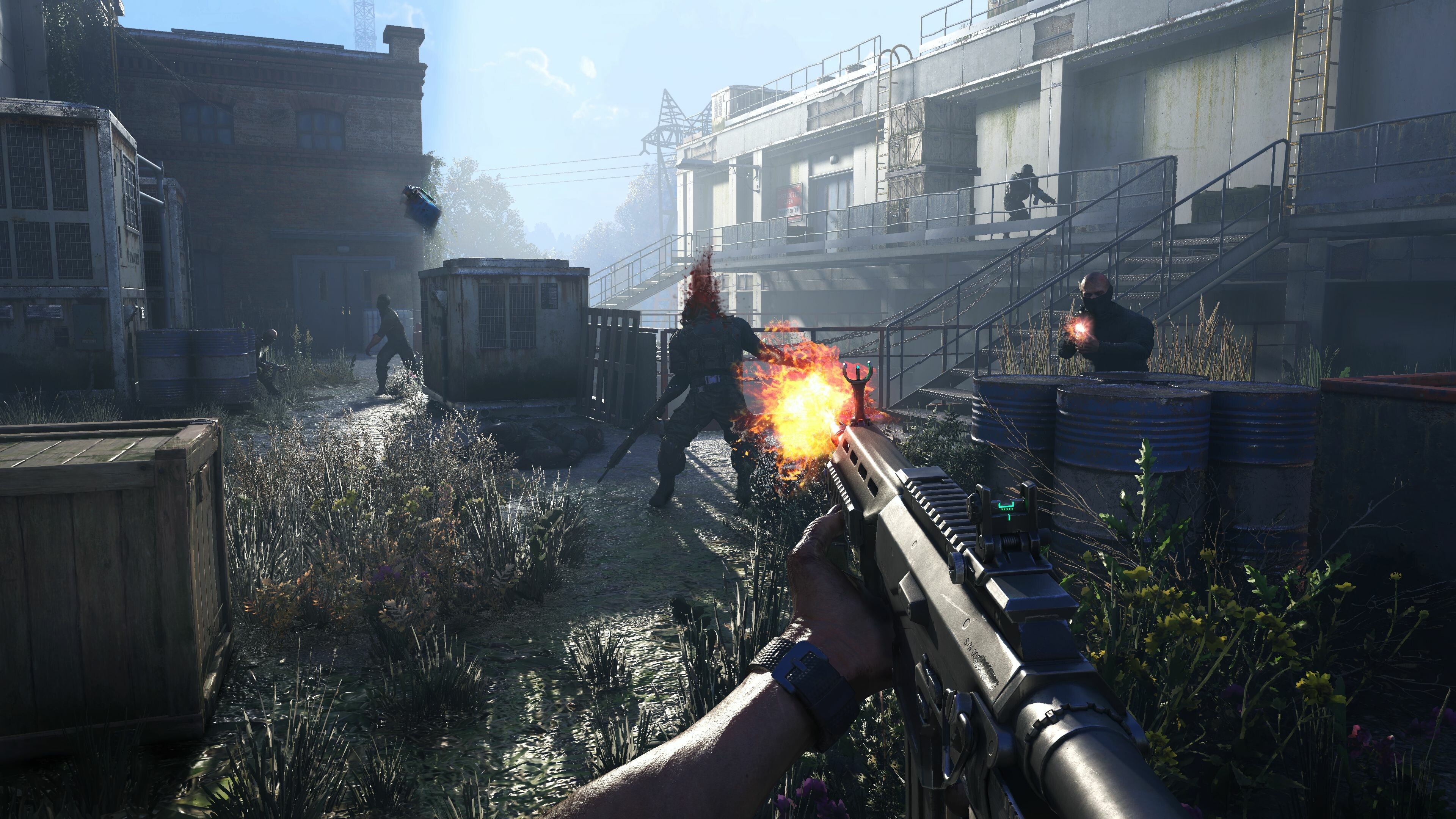 A screenshot from the game "Dying Light: The Beast", showing the player firing an assault rifle at enemies.