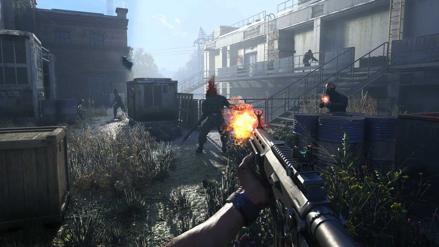 A screenshot from the game "Dying Light: The Beast", showing the player firing an assault rifle at enemies.