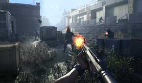 A screenshot from the game "Dying Light: The Beast", showing the player firing an assault rifle at enemies.
