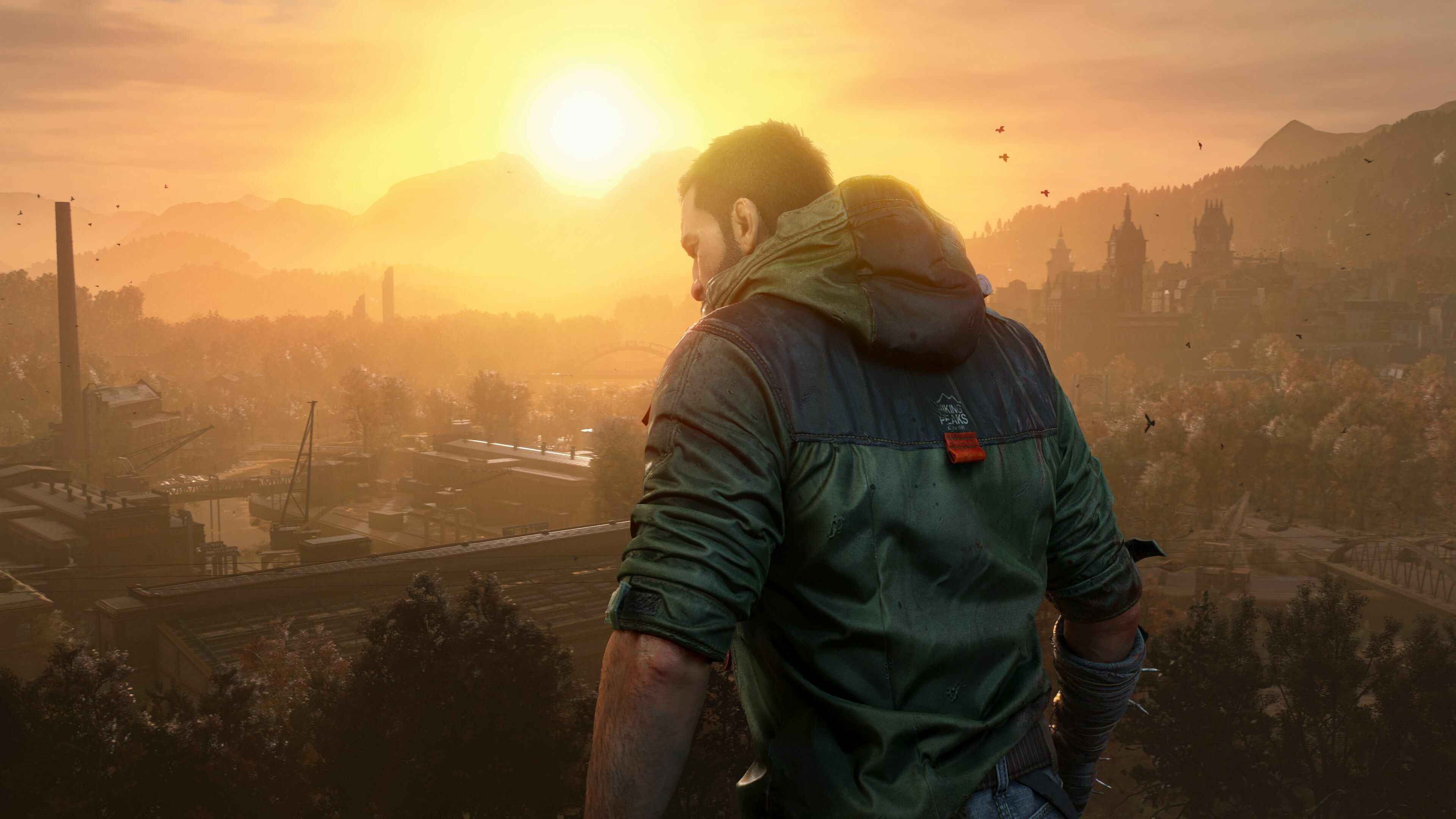Kyle Crane, the protagonist of Dying Light: The Beast, watching the sunset.