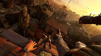 the sun setting while the player character parkours over a ledge towards a shambling zombie on a rooftop.