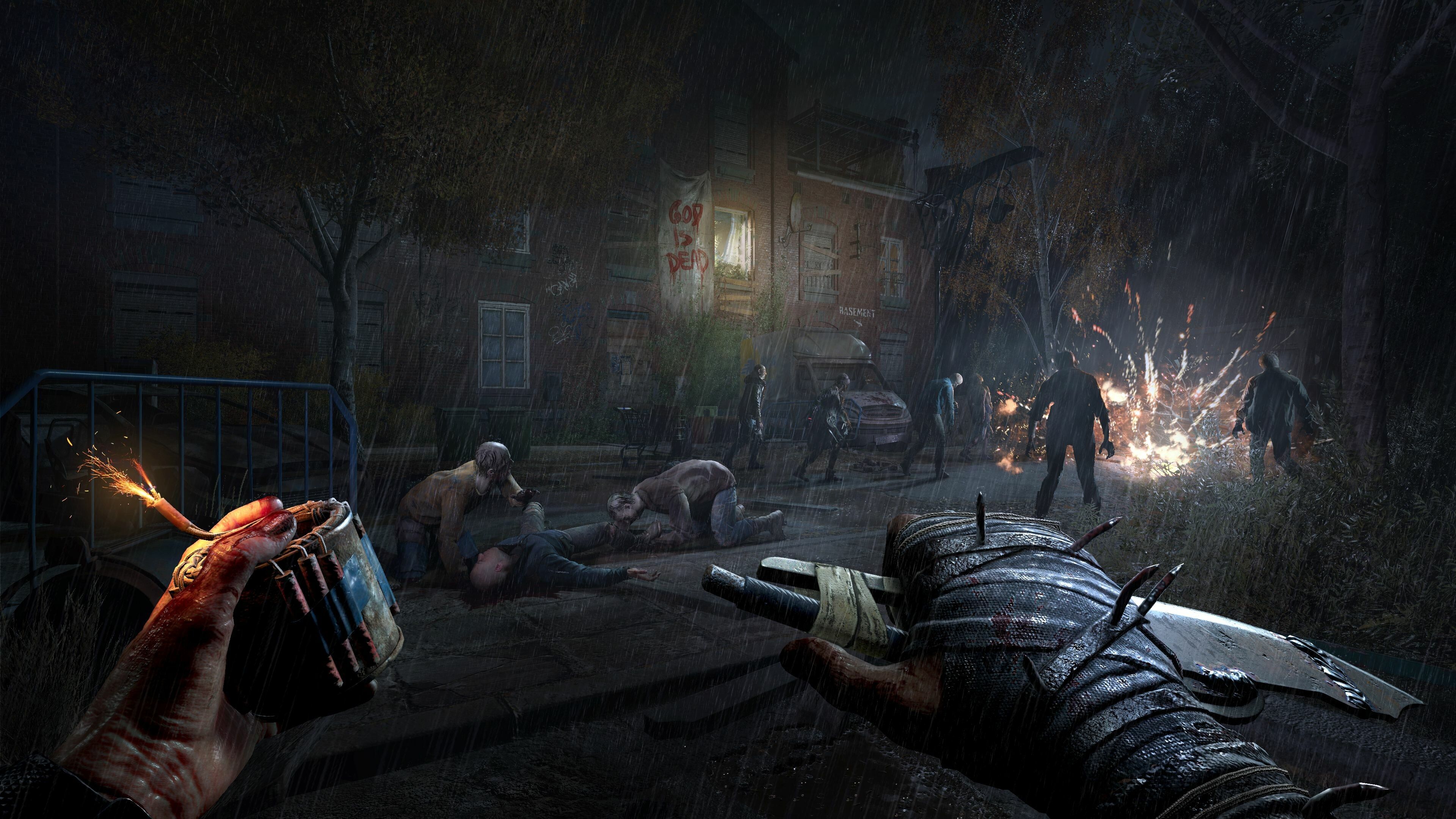 A player holding firecrackers and a knife while sneaking around at night.