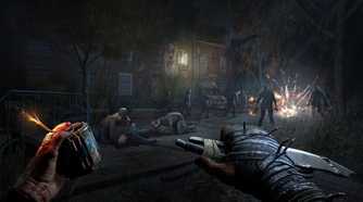 A player holding firecrackers and a knife while sneaking around at night.
