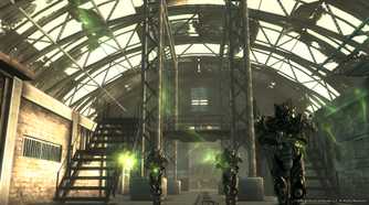 Three characters wearing power armor in Fallout 3.