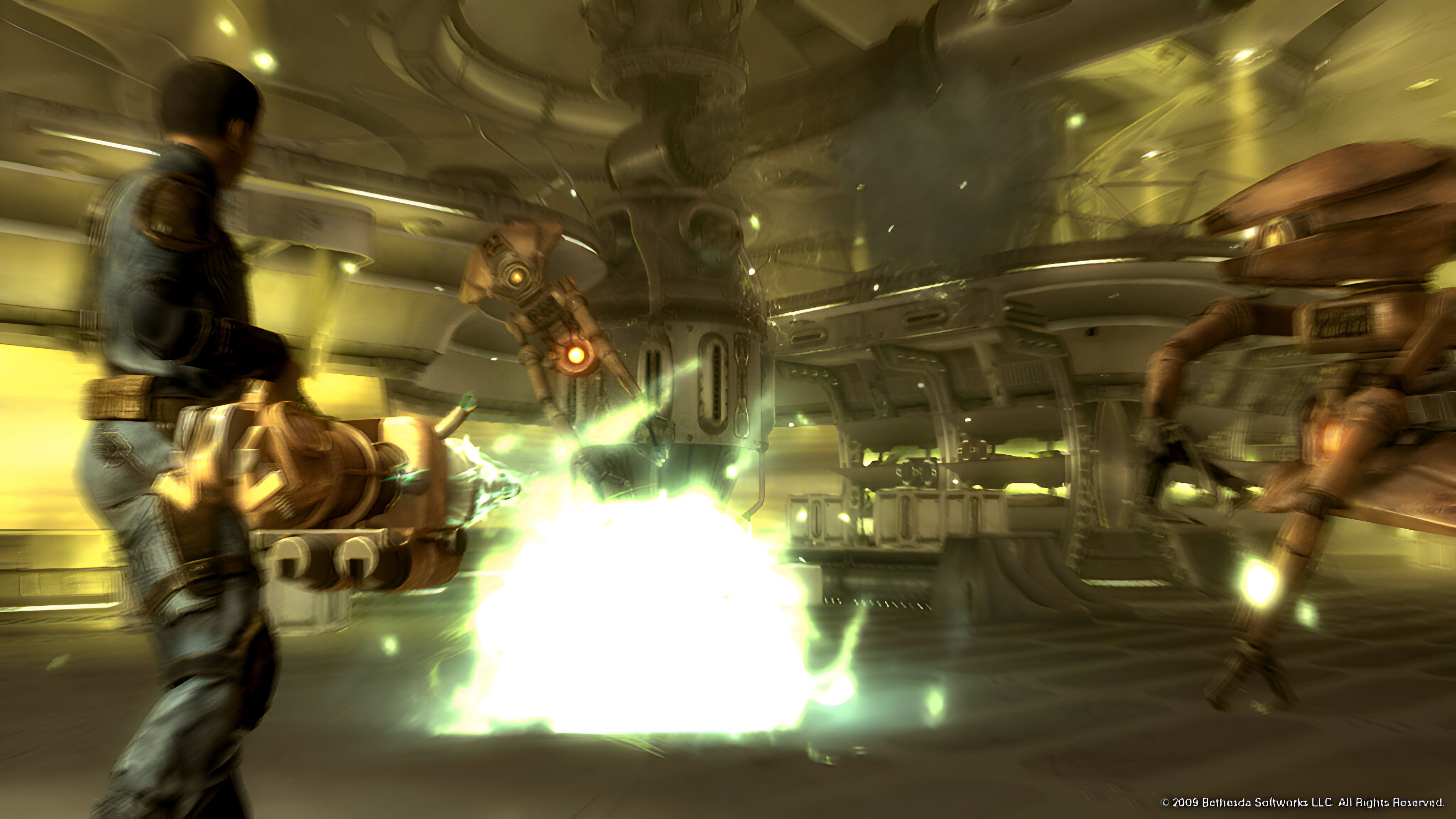 The player wielding a huge laser-like gun in Fallout 3.