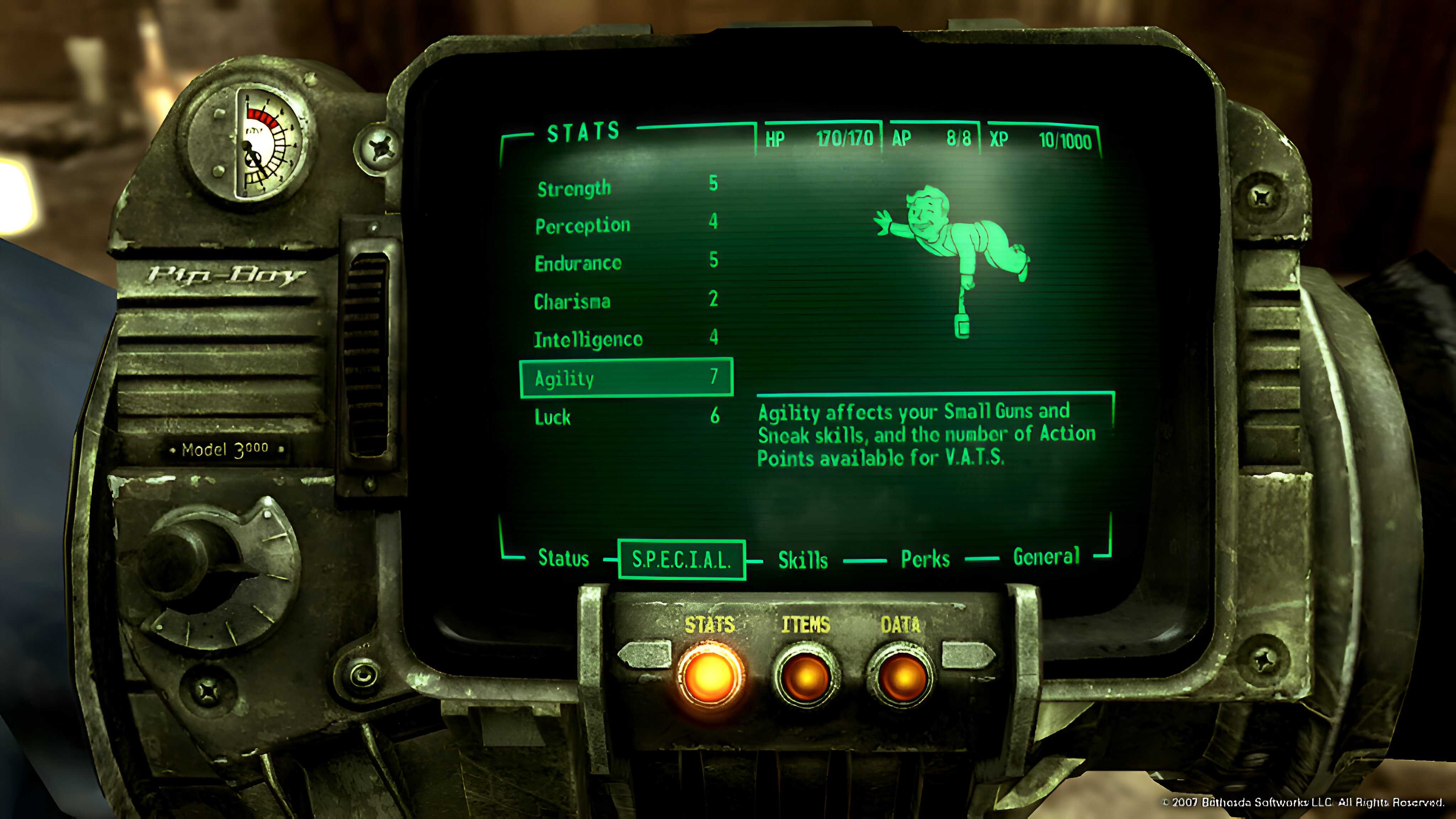 A pip boy screen interface in Fallout 3.