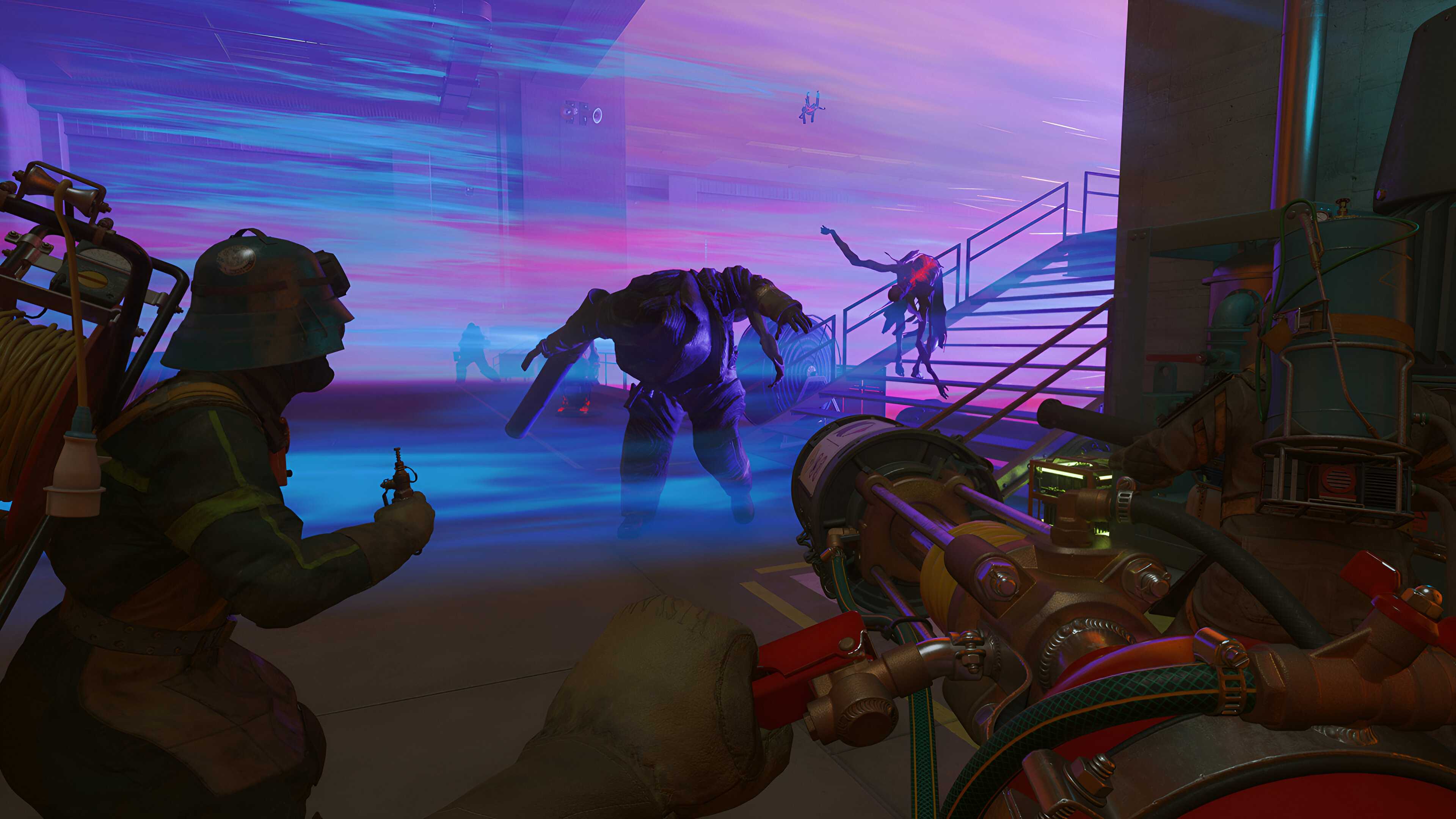 A screenshot from the game "FBC: Firebreak", showing neon-purple light blasting in the background.