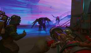 A screenshot from the game "FBC: Firebreak", showing neon-purple light blasting in the background.