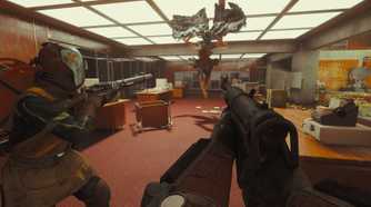 A screenshot from the game "FBC: Firebreak", showing an office environment as players aim their weapons at an airborne hostile entity.
