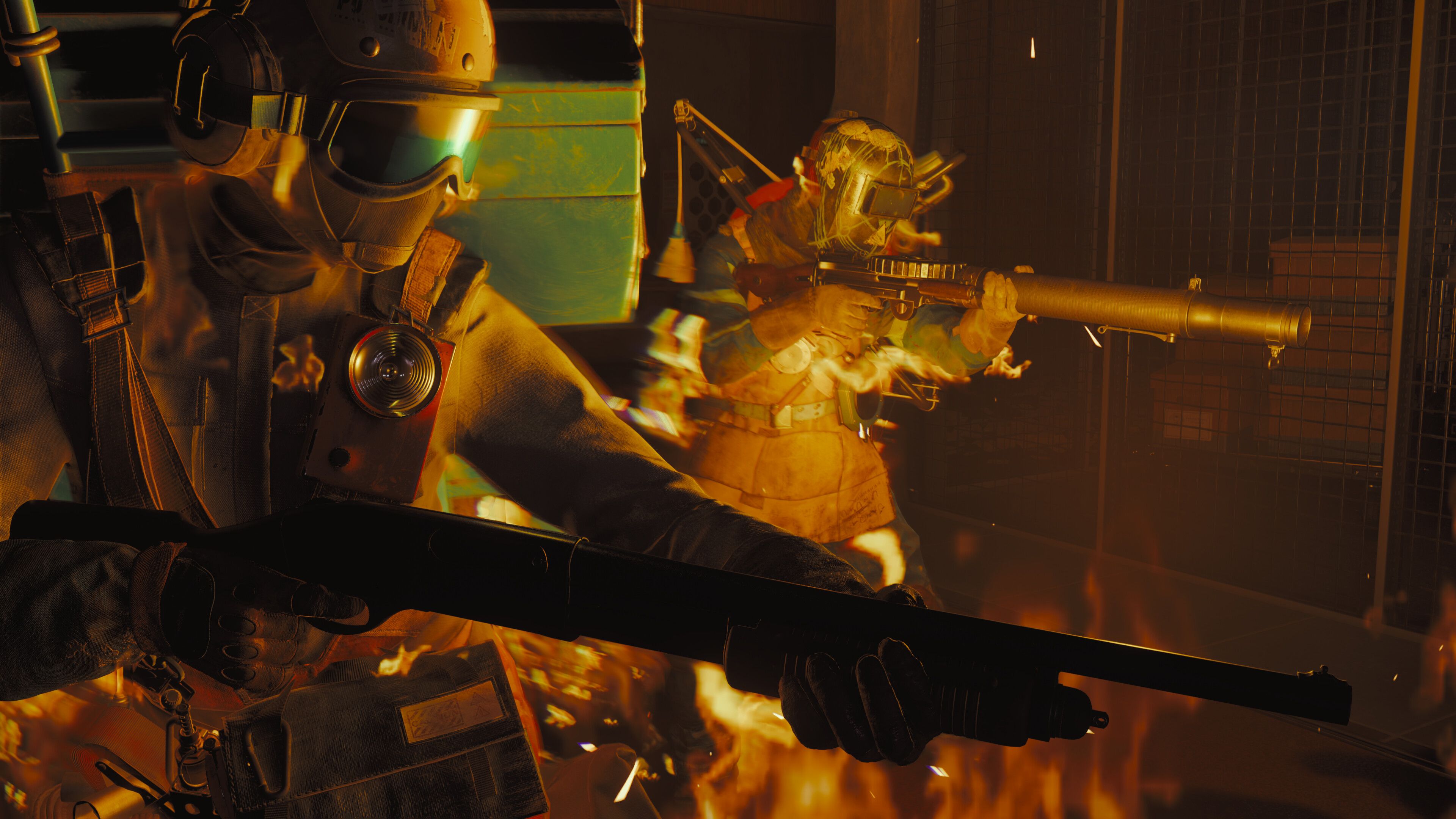 A screenshot from the game "FBC: Firebreak", showing two players aiming their weapons.