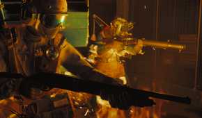 A screenshot from the game "FBC: Firebreak", showing two players aiming their weapons.