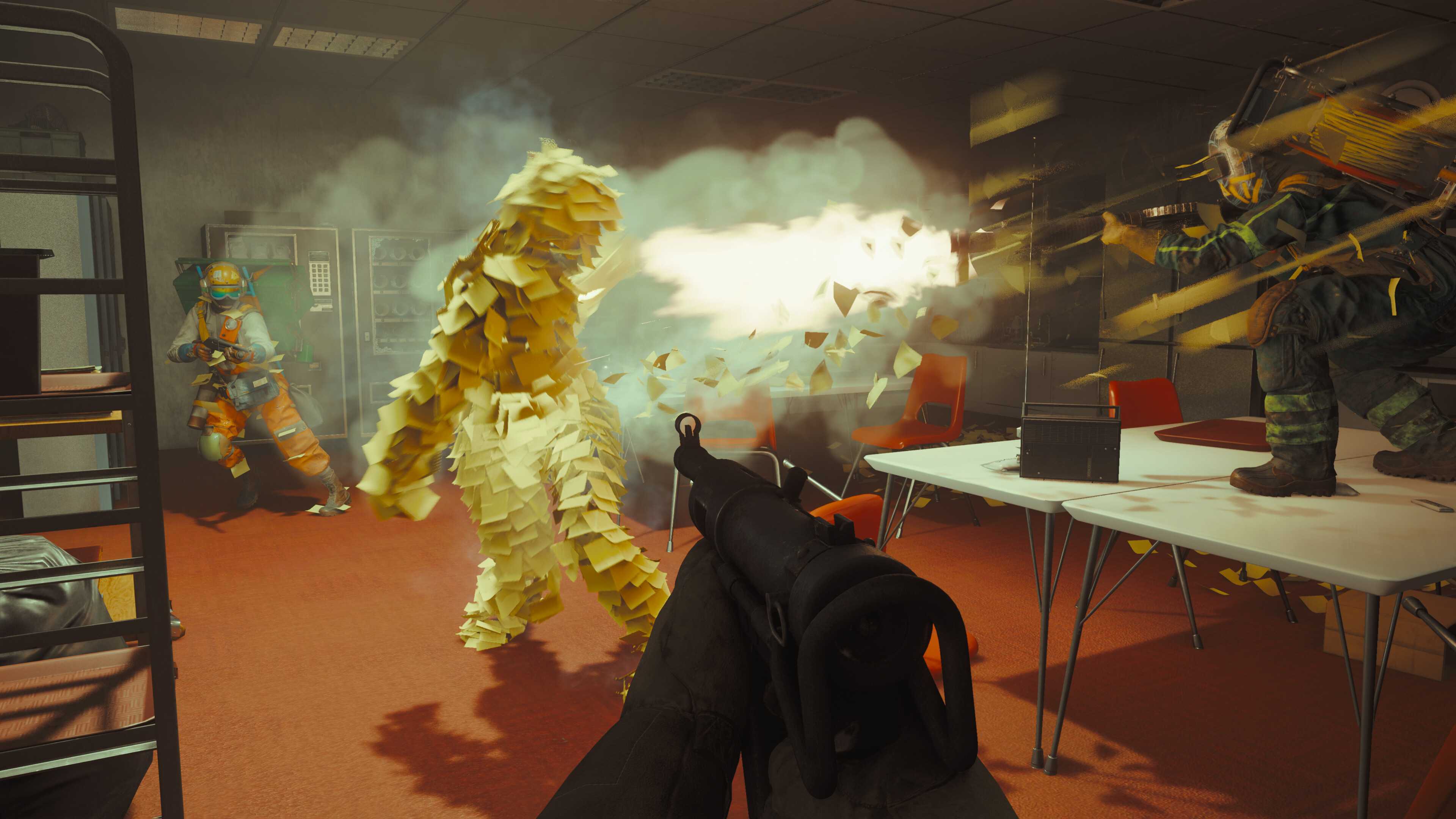 A screenshot from the game "FBC: Firebreak", showing the player aiming their rifle at an enemy entity covered in sticky notes.