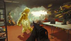 A screenshot from the game "FBC: Firebreak", showing the player aiming their rifle at an enemy entity covered in sticky notes.