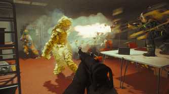 A screenshot from the game "FBC: Firebreak", showing the player aiming their rifle at an enemy entity covered in sticky notes.